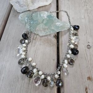 Vintage silvertone handcrafted smoky quarts pearls cluster necklace